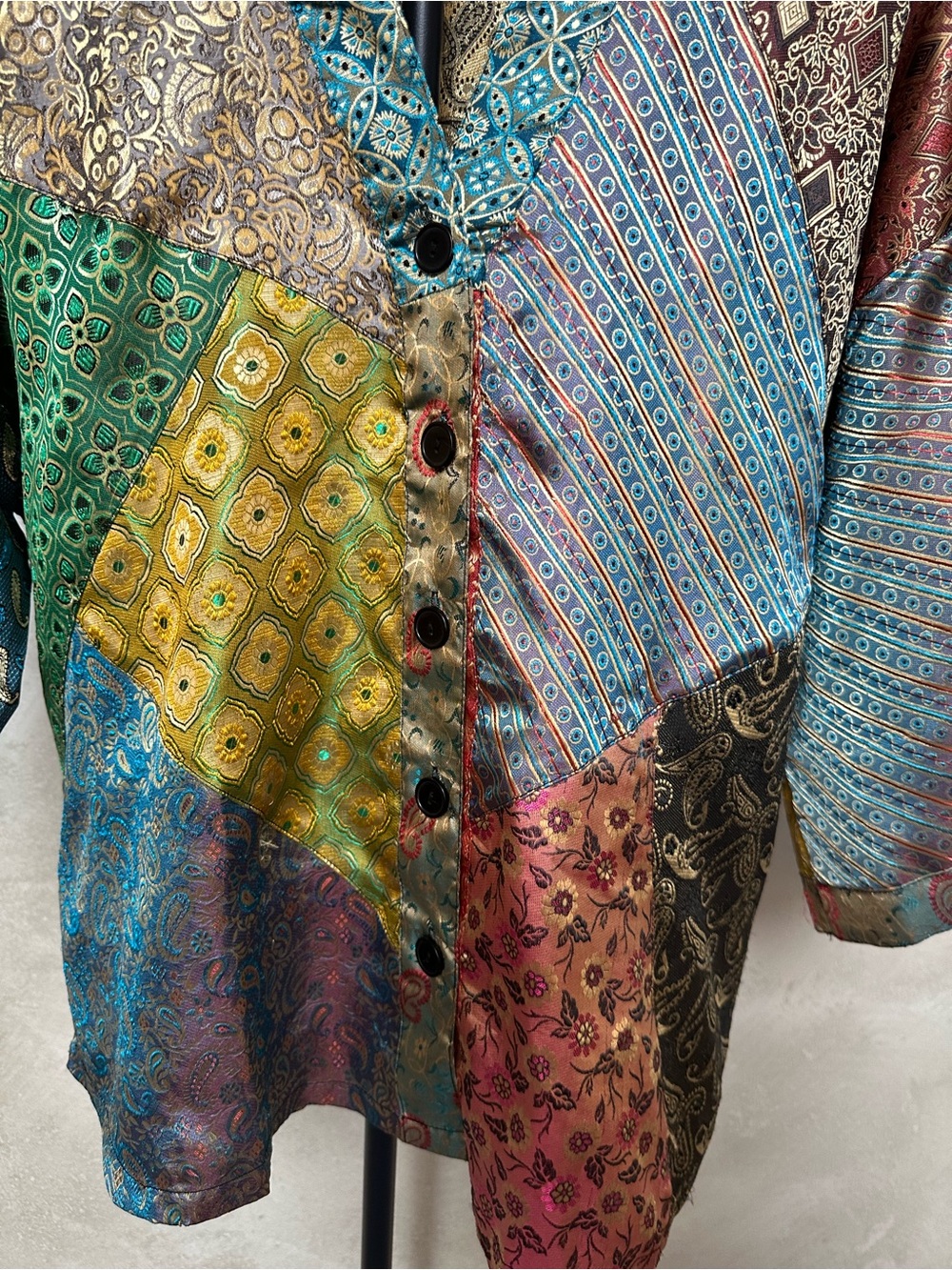 Sacred Threads Multicolor Patchwork Satin Button-Front Top - Picture 5 of 13
